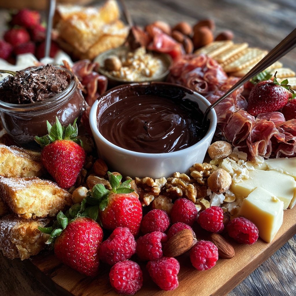 Valentines Charcuterie Board with Chocolate Fondue